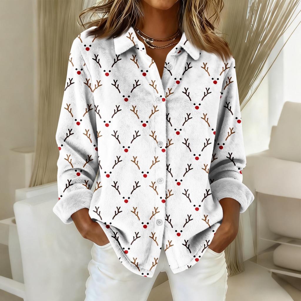 Damen-Hemdbluse, bedruckt, Knopfleiste, langärmelig, lässig, Basic, Hemdkragen, normales Oberteil