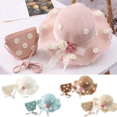 Marguerite Dress Up Bow Wide Brim Girl Straw Sunhat Purse Hat Bag Set for Outdoor