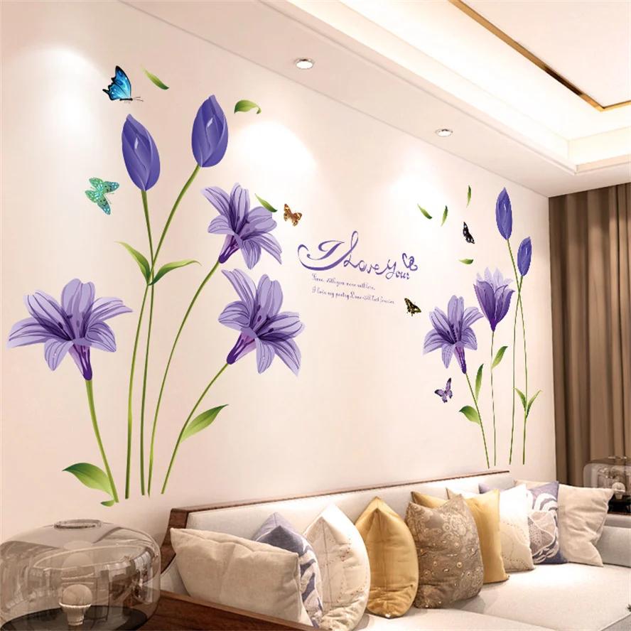 DIY Lila Lavendel Wohnzimmer Wand Aufkleber Dekor Selbst-adhesive Blumen Schmetterling Wand Aufkleber Wandbild Schlafzimmer Home Dekorationen