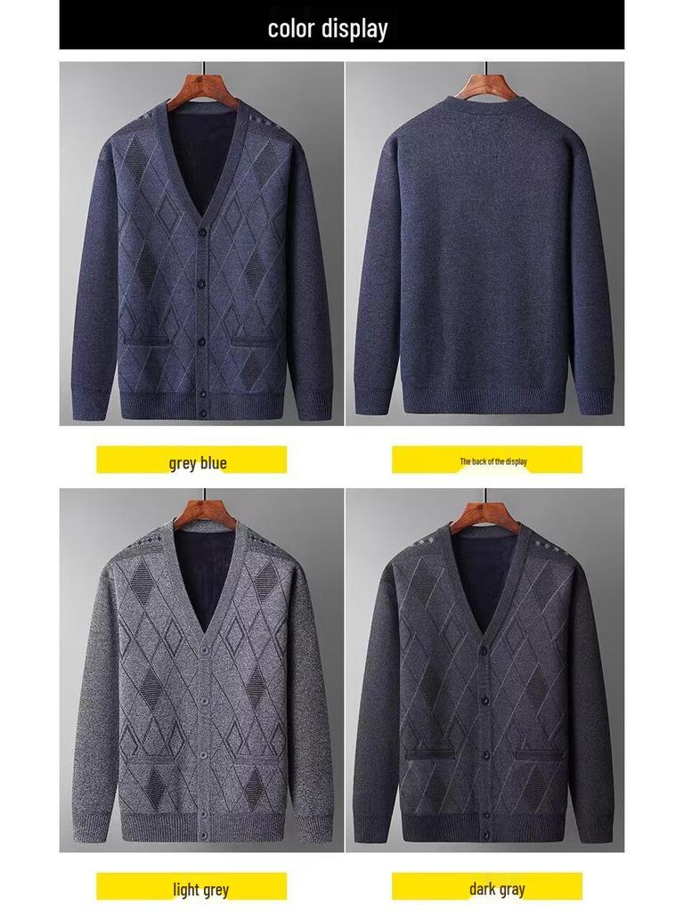 Men's V-Neck Knit Cardigan Sweater: Autumn-Winter Plus Velvet, Thickened, Loose Fit for Middle-aged & Elderly