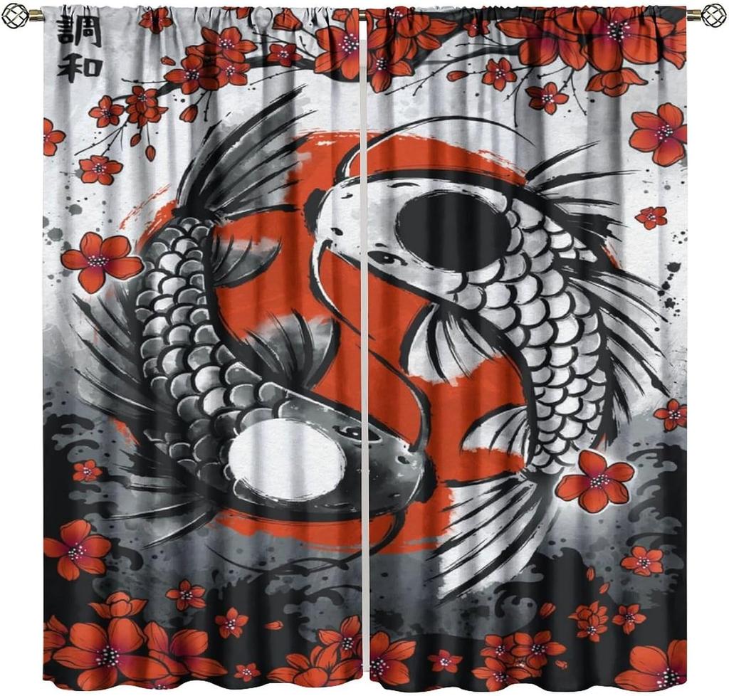 Japanese Anime Samurai Curtains Watercolor Ink Samurai Red Sun Shrine Mount Fuji Blackout Window Treatment Living Room Bedroom