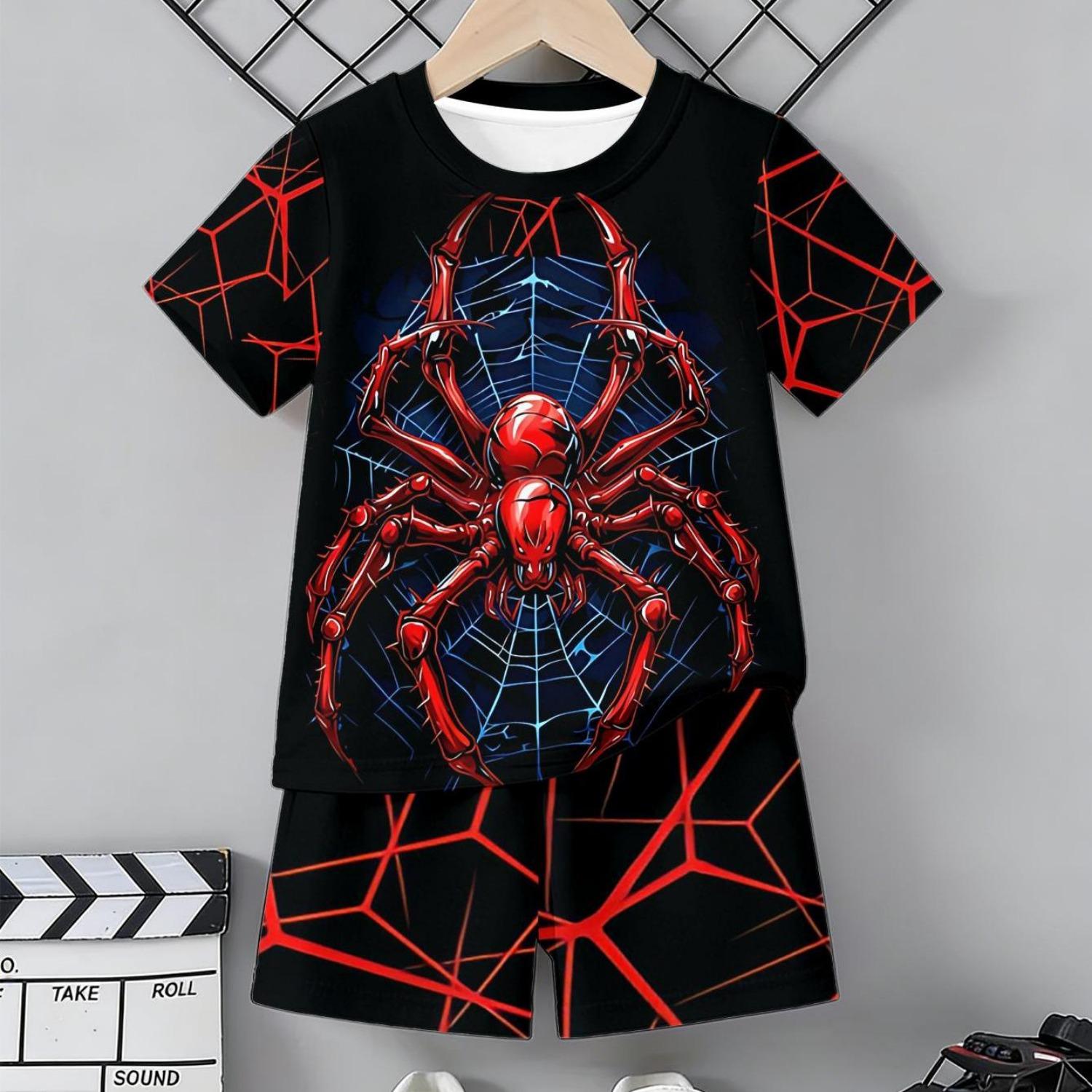 

2-piece boys short sleeved shorts set, casual and fashionable style, 3D printed spider pattern, very suitable for children to wear 5-6 Years