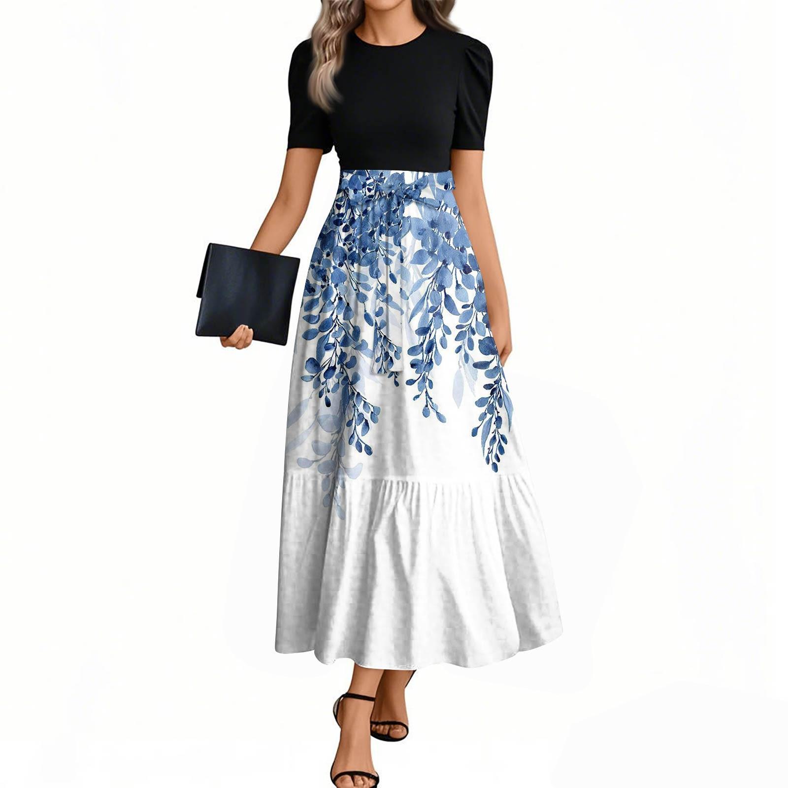 

Женские модные повседневные платья с поясом, короткими рукавами и круглым вырезом, с принтом, элегантные, темпераментные S синий