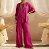 Summer Half Sleeve Irregular T Shirt Loose Wide Leg Pants Suit Women Casual Two Piece Set Cotton Linen Outfits