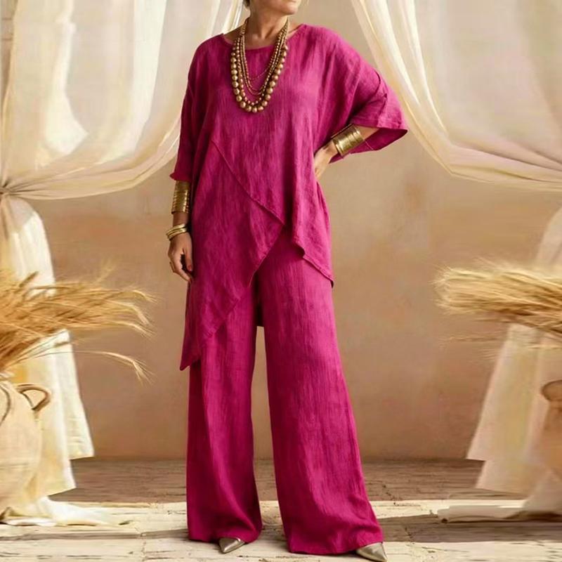 Summer Half Sleeve Irregular T Shirt Loose Wide Leg Pants Suit Women Casual Two Piece Set Cotton Linen Outfits