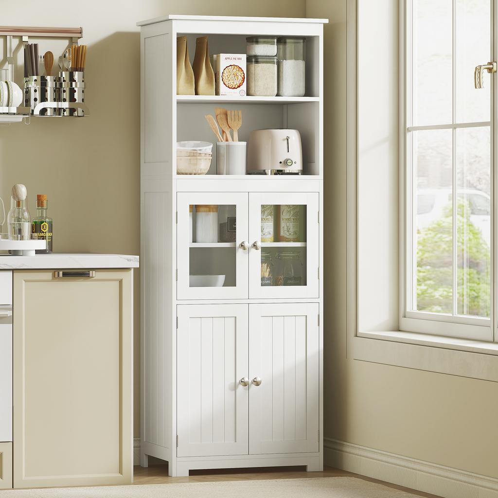 Armadio da Cucina Autoportante, Mobiletto a 4 Ante con Ripiano Regolabile e Ante in Vetro per Sala da Pranzo, Soggiorno, Bianco
