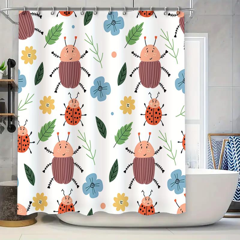 

Floral Insect Shower Curtain for Bathroom Decor White with Ladybug Butterfly Pattern Washable Fabric Waterproof Bath Mat Cover f 90x180cm