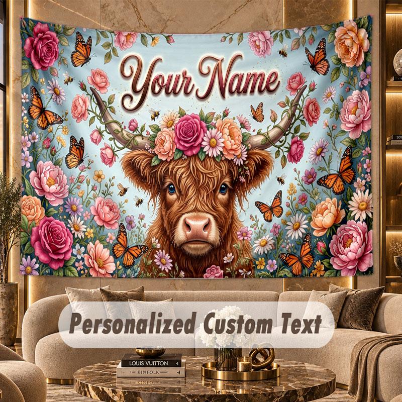 Highland Cow (68) Theme Personalized Tapestry Custom Name Text Wall Hanging Tapestry Home Background Decoration