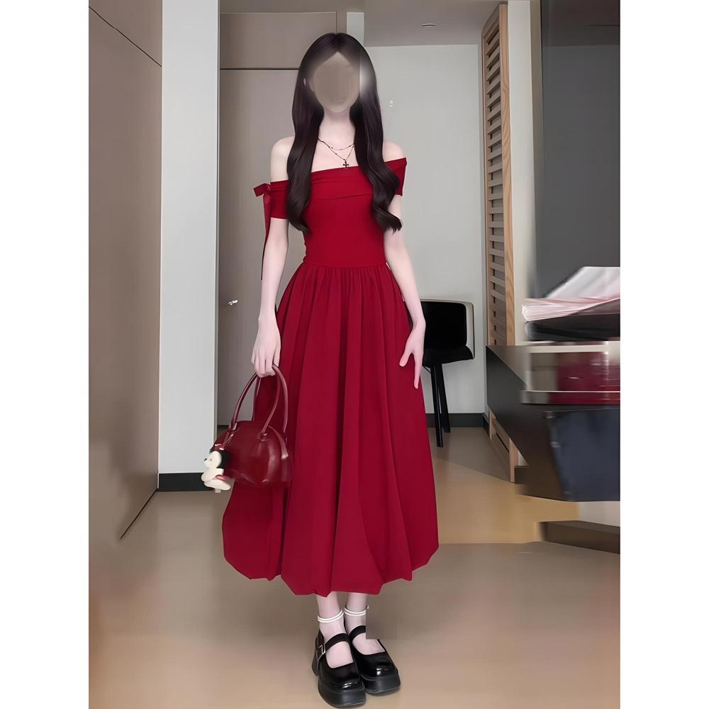 Women's clothing one-word shoulder slanted shoulder dress summer casual temperament women cover the meat and look thin waist temperament long skirt