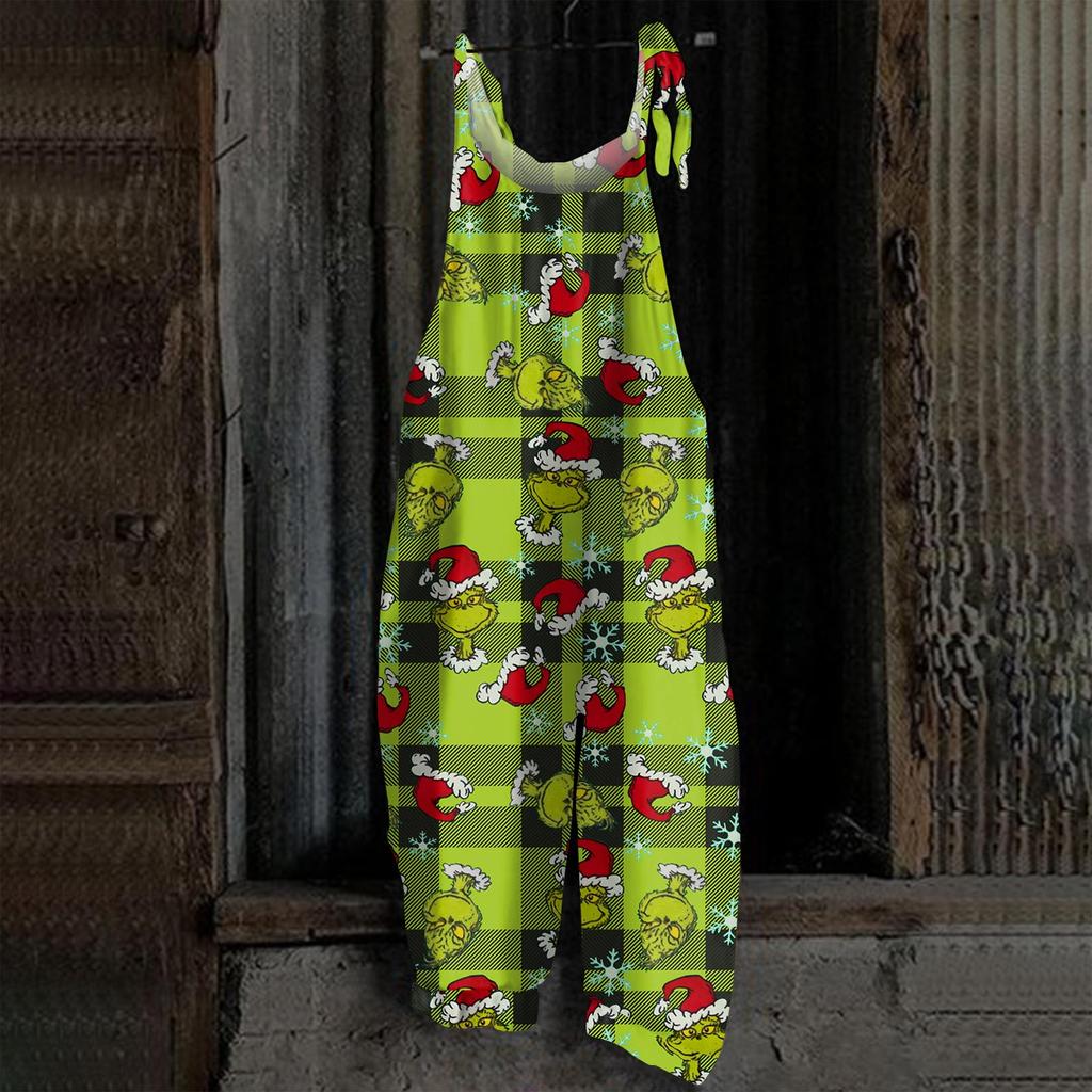 Damski kombinezon z nadrukiem Halloweenowym, casualowy, luźny, vintage, na ramiączkach, bawełniano-lniany