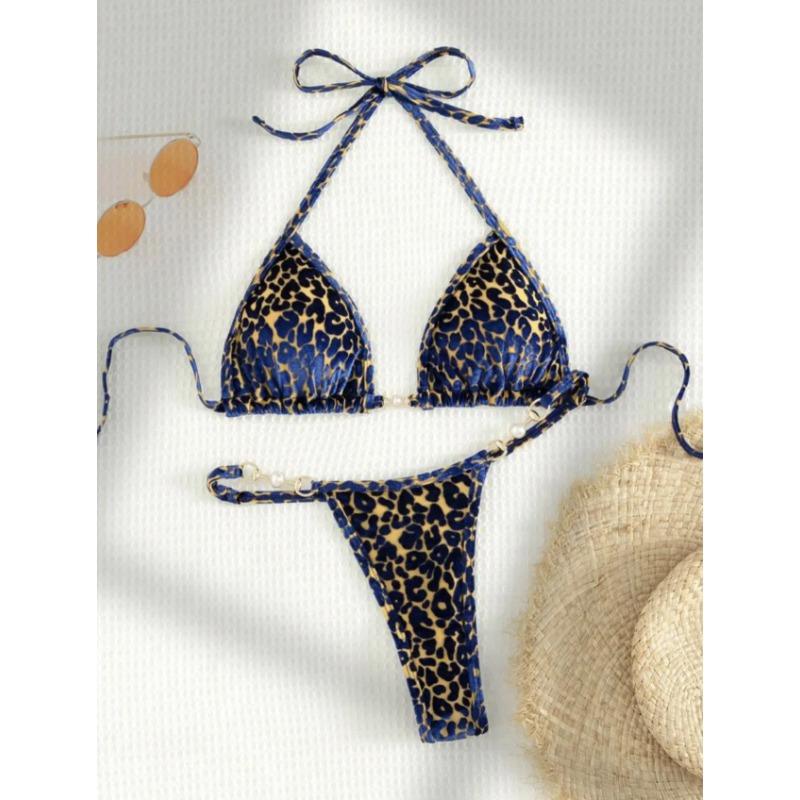 2025 Estate Brasiliana Donna Leopardo Perla Costume da Bagno Abbigliamento da Spiaggia Perizoma Set Due Pezzi Tessuto Speciale Scollo all'americana Costume da Bagno Bikini