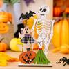 Halloween Wooden Table Sign, Spooky Skeleton Pumpkin Bat Ghost Centerpiece Sign for Home, Shelf, Desk, Mantel, Tabletop, Tiered Tray, Party Decor