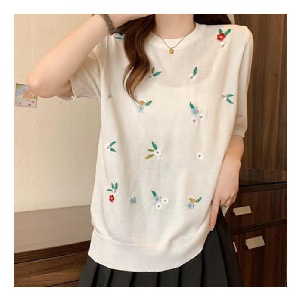 Navava Short Sleeve Knit Flower Embroidery Round Neck Nk2211
