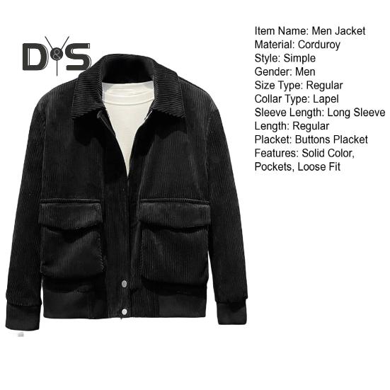 Men Corduroy Jacket Lapel Long Sleeve Flap Pockets Full Zipper Closure Solid Color Jacket Casual Outerwear