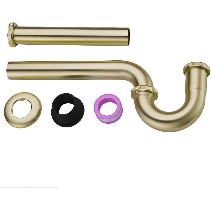 Brass P Trap, 1 1/4 Bathroom Basin Sink Waste Trap Drain Kit with Flange and Slip Joint Extension Tube Drain Tailpiece, Adjustable Height, Brushed
