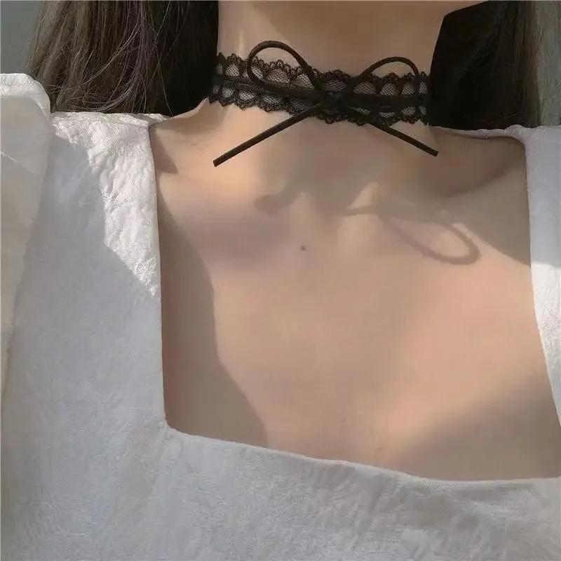 White Black Lace Bow Choker Necklace for Women Harajuku Gothic Dark Girl Lace Bow Sweet Collar Necklace Party Female Jewelry