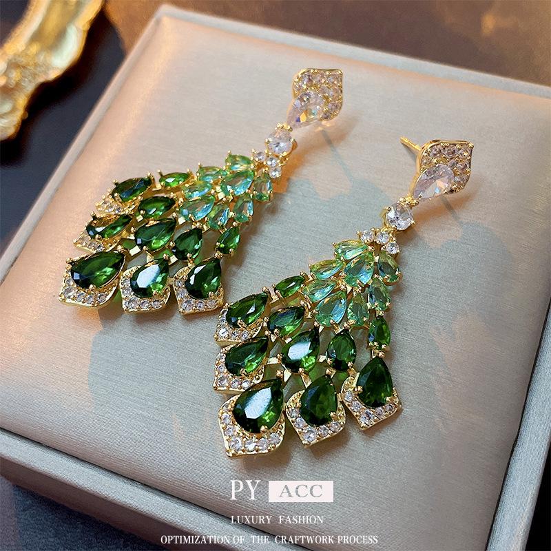 Silver Needle Cubic Zirconia Feather Dangle Earrings - Retro High-End Style, Niche Exaggerated Design for Women.