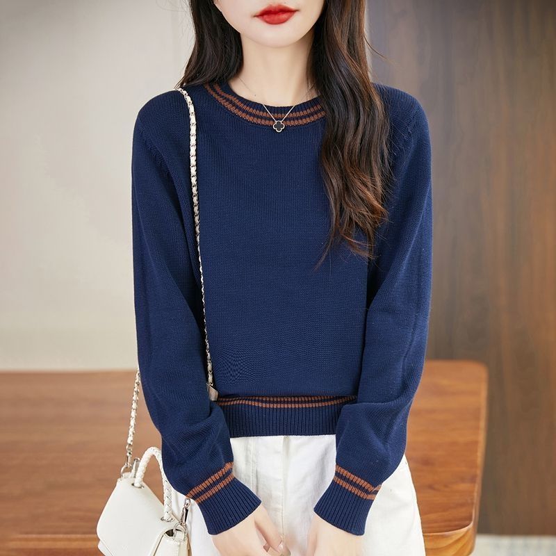 Round Neck Knitted Sweater for Women Loose and Slimming Versatile Sweater Base Knitted Top