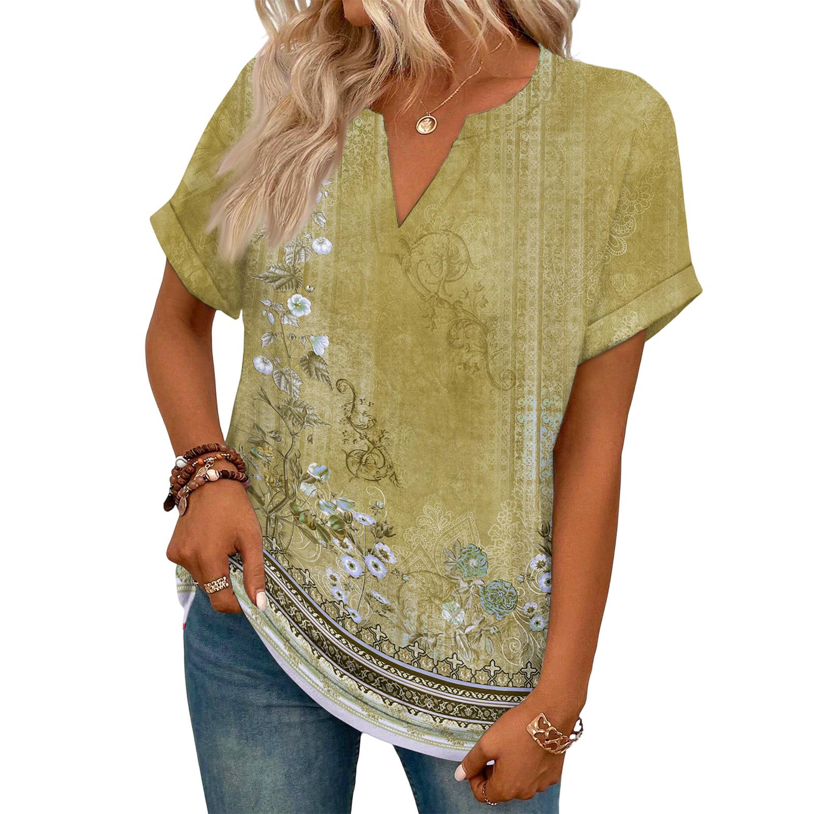 

Stylish Women s Casual V,neck Short,sleeved Retro Floral Print T,shirt XL жовтий
