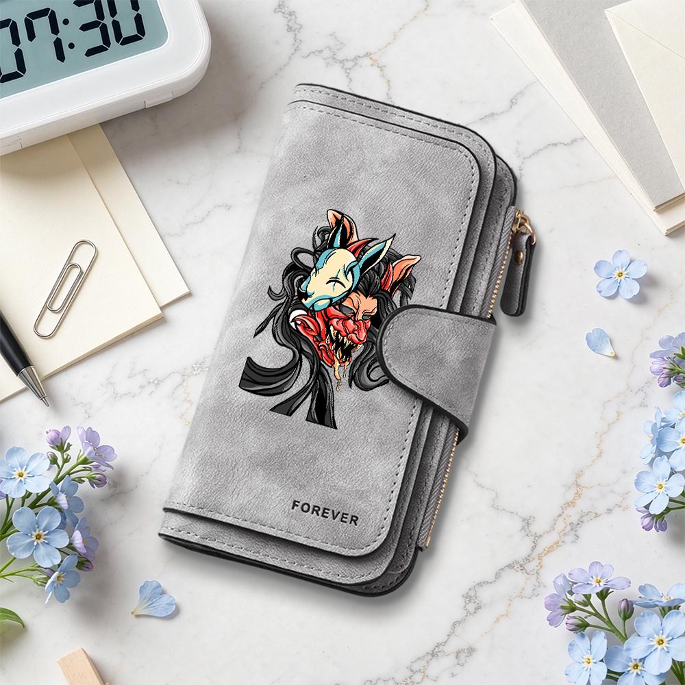 Gothic Oni Mask Print Long Wallet Cool Fashion Card Holder Portable Casual Money Pouch For Daily Use