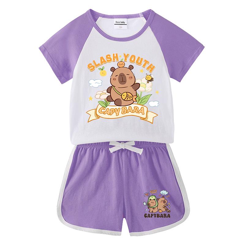Kids' Summer Color Block Two-Piece Set: Casual T-shirt & Shorts