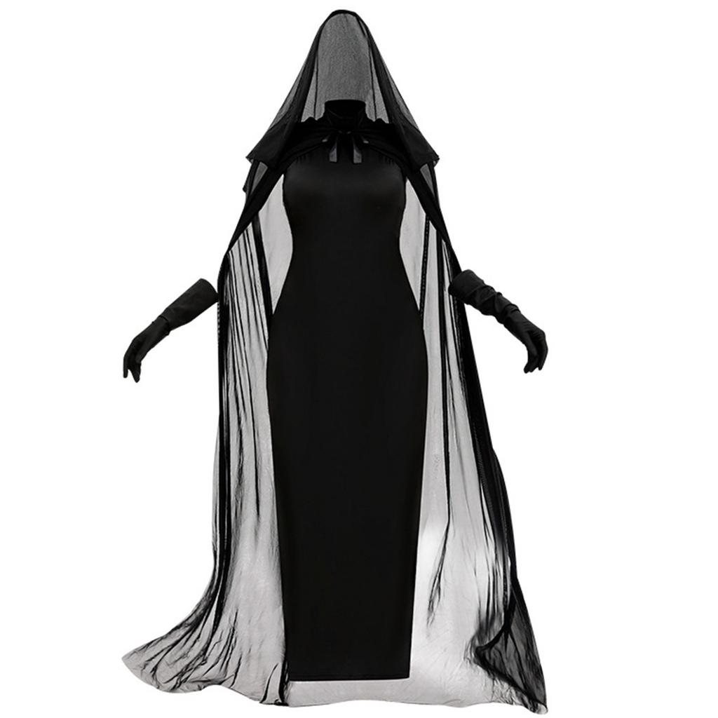 Women Vampires Witch Sleeveless Long Dress with Hooded Cloak Gloves and Thong Set for Halloween Cosplay and Themed Event