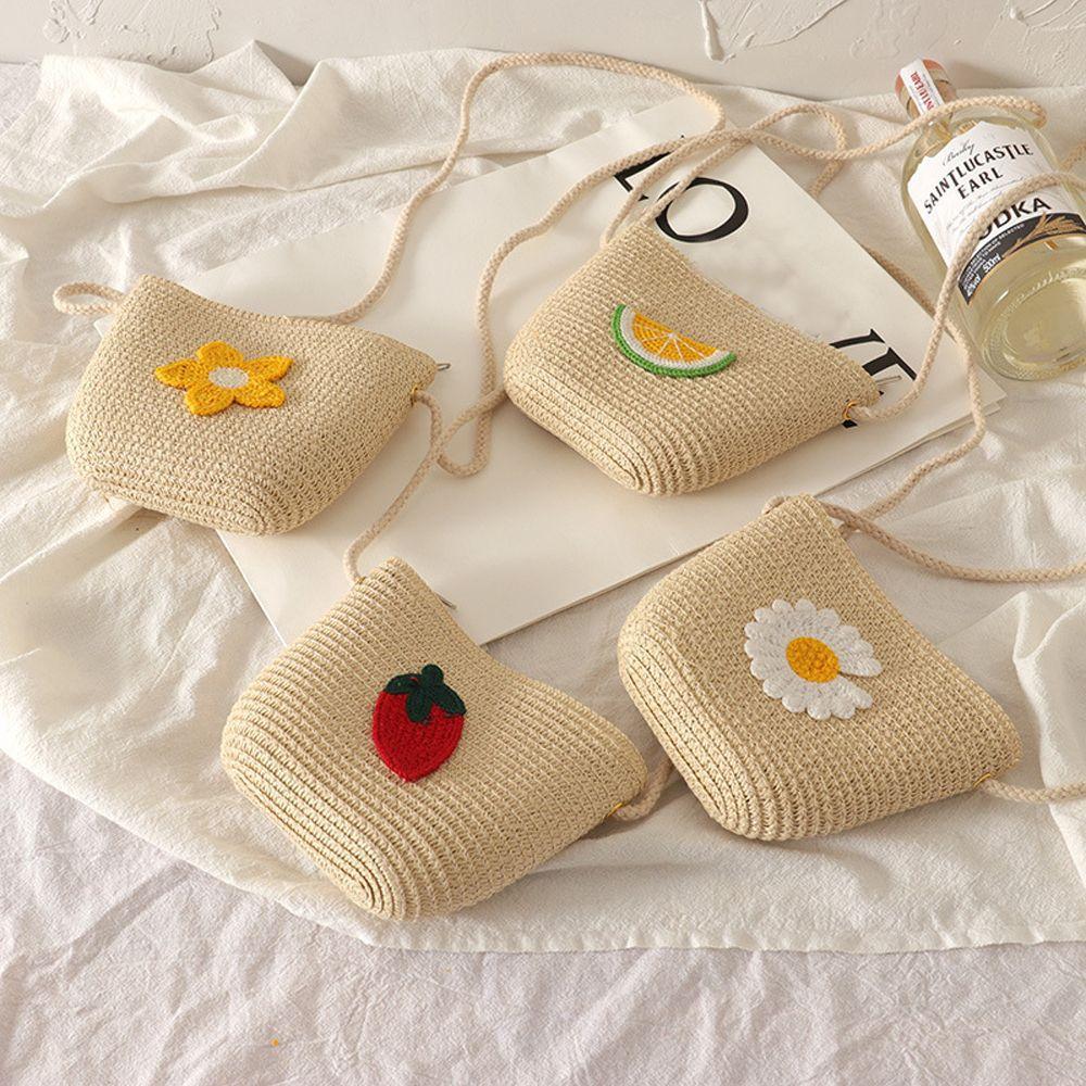 Fruits Strawberry Crossbody Coin Bag Straw Messenger Bags Korean Purse Wallets Women Shoulder Bags