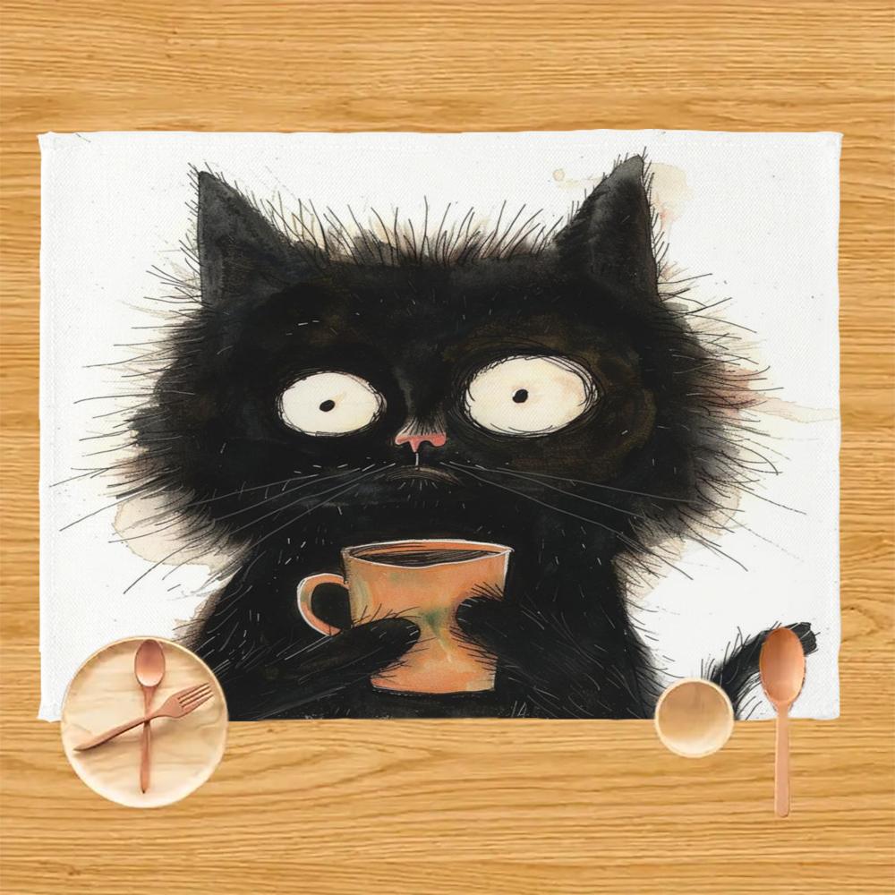 

Black Cat Pattern Placemat Linen Fabric Table Mats Family Dinner Tableware Kitchen Table Mat 30X40cm 30X45cm-4pcs
