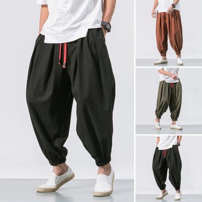 Men Harem Pants Elastic Drawstring Waistband Solid Color Long Pants Chinese Style Side Pockets Retro Bloomers Streetwear