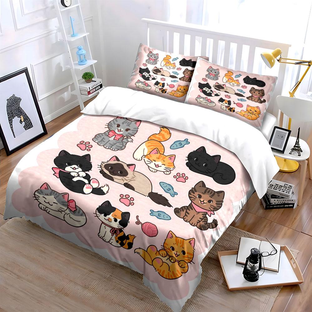 Cute Cartoon Cats Pattern Set Bedding Duvet Cover Set Duvet Cover Pillowcases (1*Duvet Cover 2*Pillowcases, Without Duvet Insert)