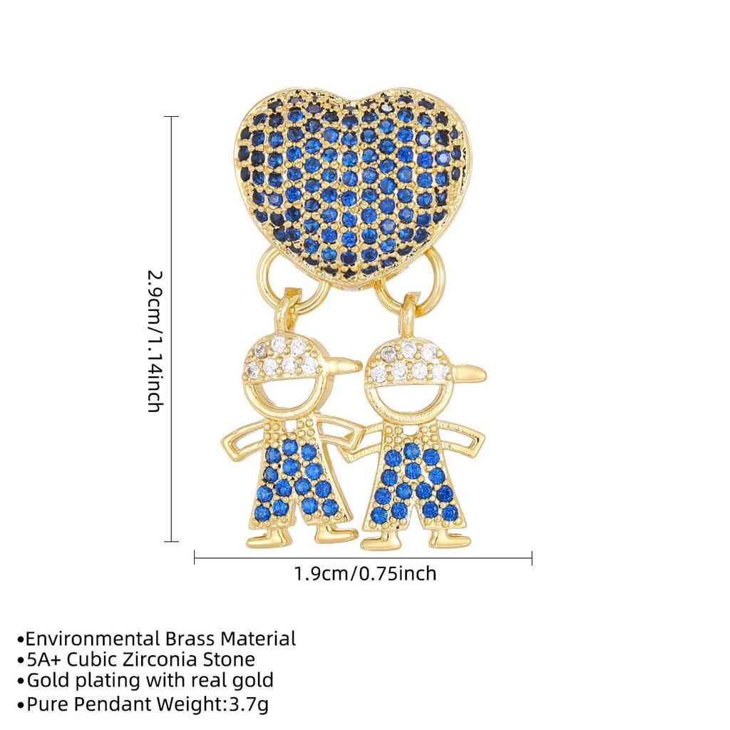 Gold-Plated Copper Heart Family Necklace with Colorful Zircon Pendant - Unisex Design