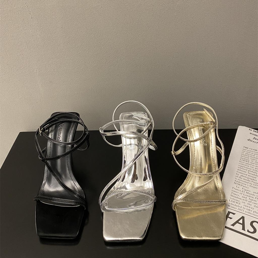 2025 Spring and Autumn New French Niche High-heeled Sandals Temperament Square Head Buckle Stiletto Strap Stiletto Sandals