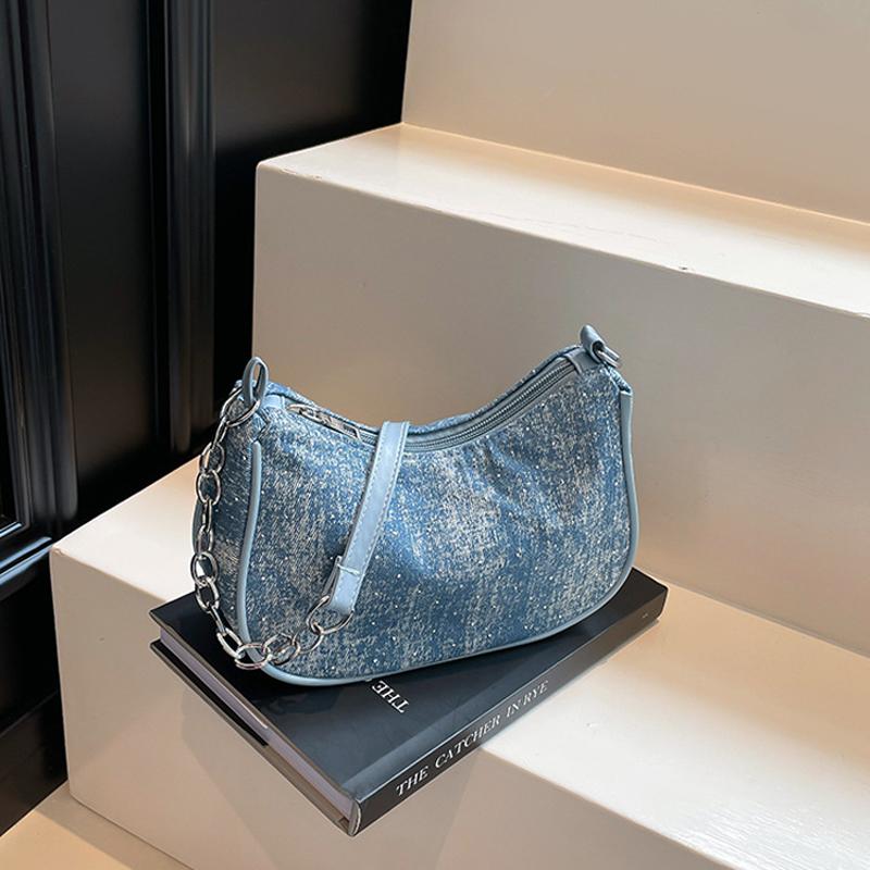 Women Shoulder Bag Fashion Denim Shoulder Bag, Simple Solid Color Handbag, Women's Chain, Underarm Hand, Women's Bag
