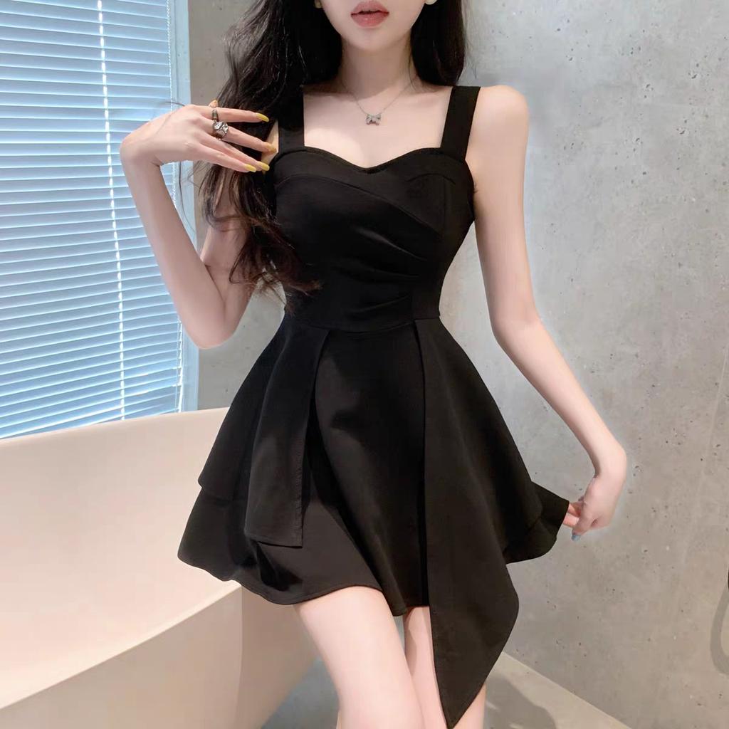 French sweet and spicy foreign style sexy backless suspender dress women's summer pure desire wind irregular waist and thin skirt