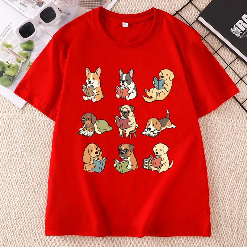 Funny Dog Reading TShirt Cute Dogs With Books Tee Dog Lover Funny Animal Graphic Tee Cotton Short Sleeve Round Neck Tees