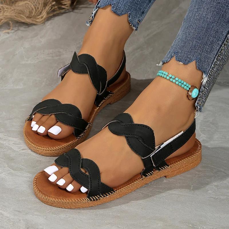 Fashion Summer Beach Flat Heels Sandals Women Plus Size 43 Woven Band Non Slip Rome Shoes Woman Back Strap Pu Leather Sandalias De Mujer