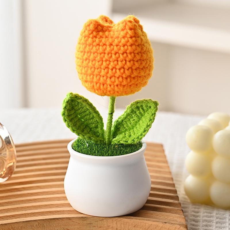 Mini Tulips Crochet Flowers Potted Cute Knitting Flowers Table Car Decor Handmade Artificial Tulips Flores