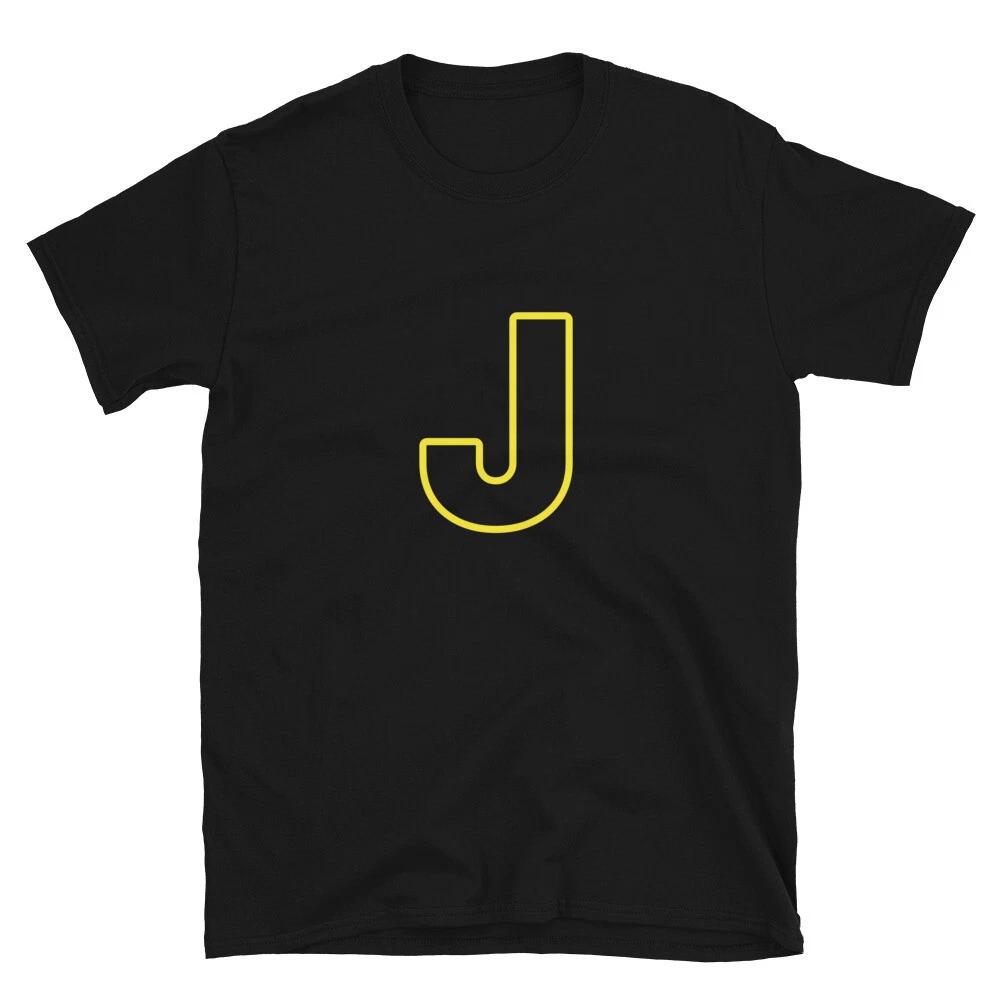 Letter J Yellow Bold Font Simple Black T-Shirt L