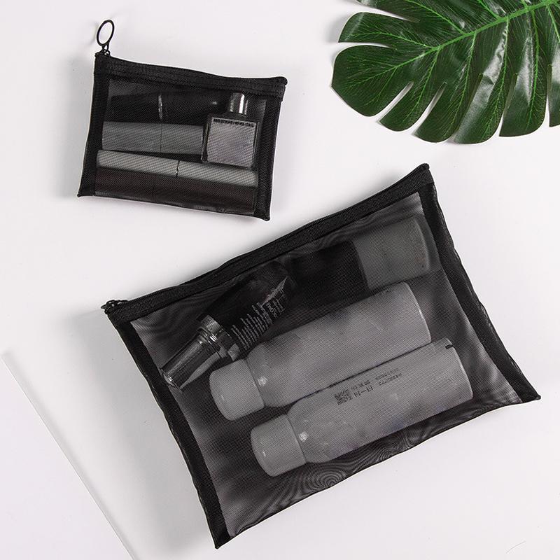 1Pcs Travel Gray Black Mesh Cosmetic Bag Zipper Makeup Bag Women Wash Toiletry Bag Makeup Organizer Portable Storage Pouch