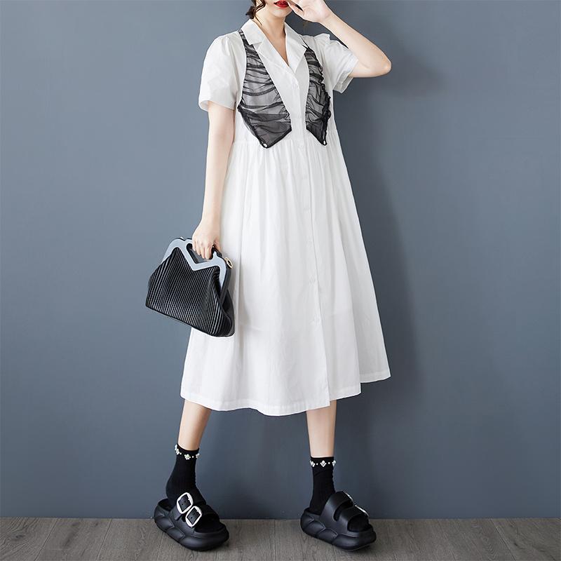 Short Sleeve Plus Size Cotton Mesh Vintage New In Dresses for Women Casual Loose Long Summer Shirt Dress