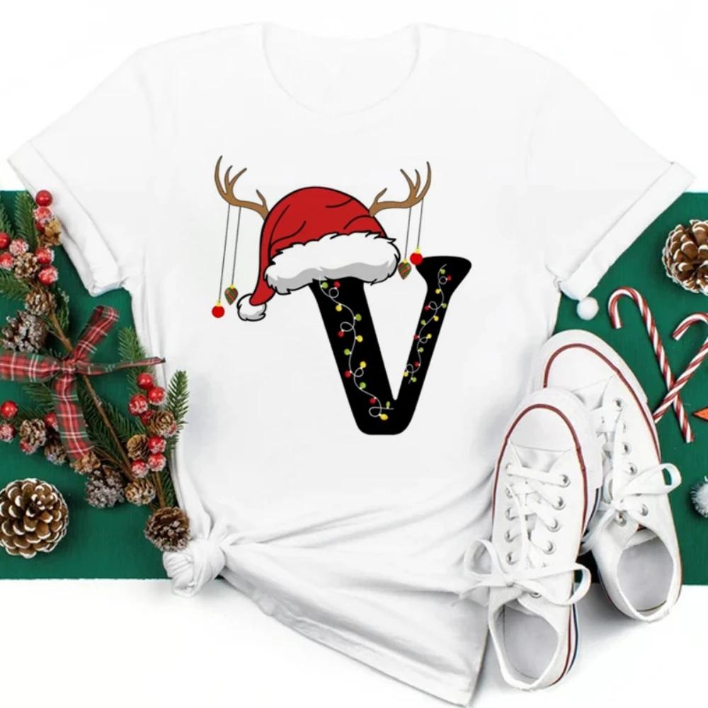 Christmas Hat A To Z Letters Tshirt Christmas Family Activity Sleeved Streetwear Harajuku Short Sleeve Casual Aesthetic Clothes