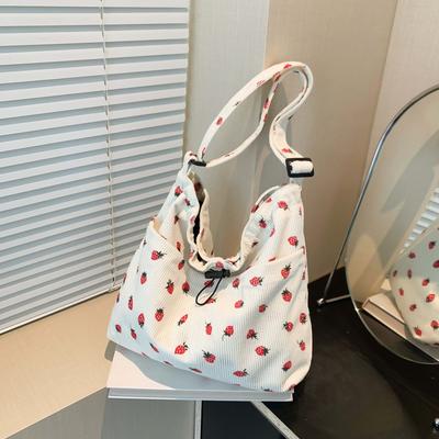 Summer Bag Women'S Fashion Corduroy Sweet Wind Strawberry Printing Large Capacity Drawstring Pleated Casual Shoulder Bag