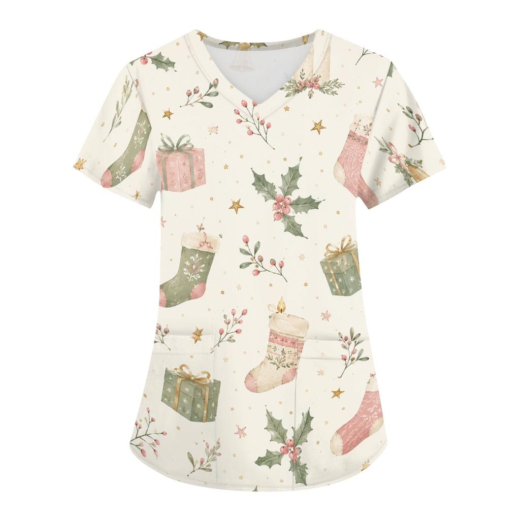 Women's Christmas Uniform V-Neck Short Sleeve Work Top for Caregiver