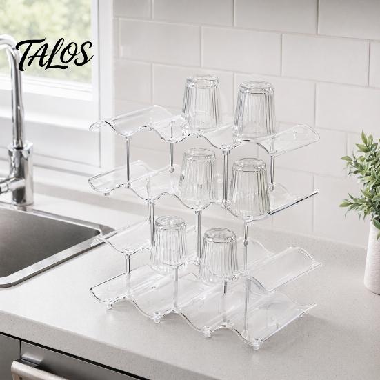 Cup Storage Rack, Multi-Layer Stacking Organizer, with Wavy Slot Design, Space Saving Desktop Bar Storage for Mugs Glasses Coffee Cups