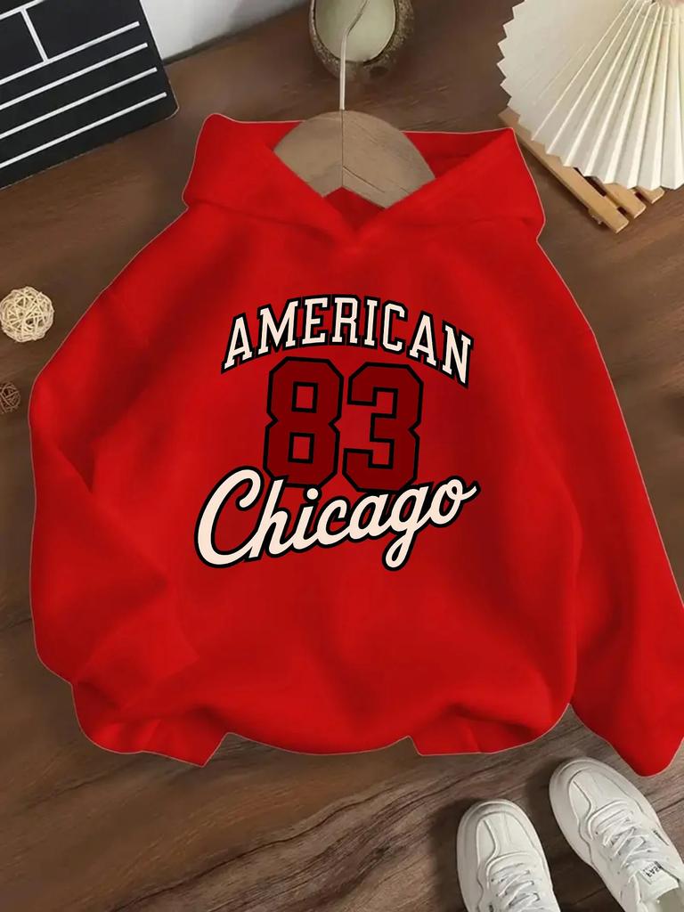 Sonbahar/Kış Erkek ve Kız Çocuk Kapüşonlu Sweatshirtler Chicago Dijital Baskılı Günlük Spor Üstler