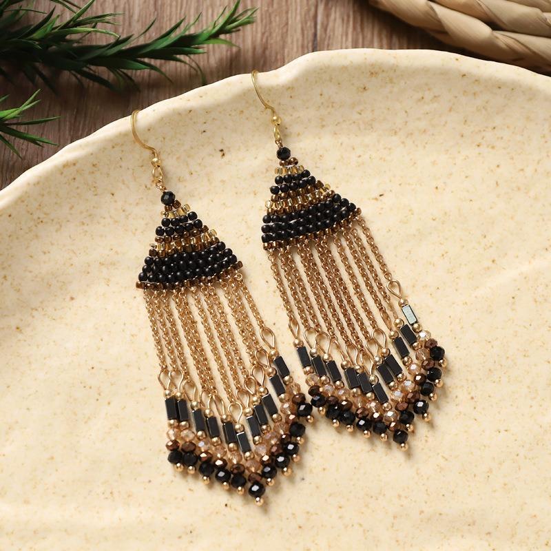 Niche design crystal rice bead fringed earrings retro high-end long bohemian earrings for women