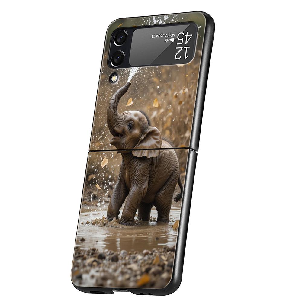 Hard PC Phone Case For Samsung Galaxy Z Flip 7 6 5 4 Black Cover For Galaxy Z Flip 3 Foldable Shockproof Capas Animal Elephant