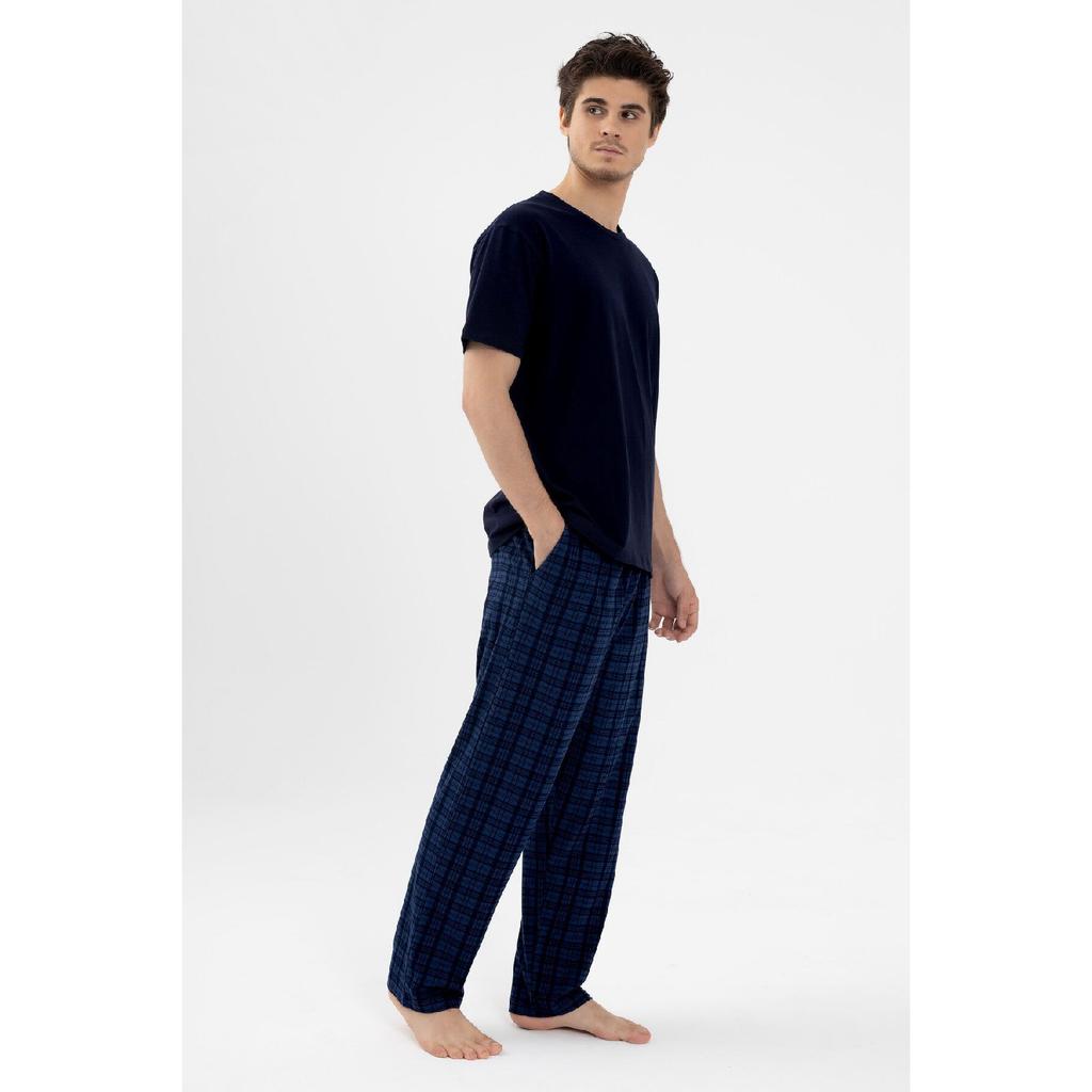 Men's Cotton Short Sleeve Navy Blue Plaid Patterned Pocket Detailed Pajama Set