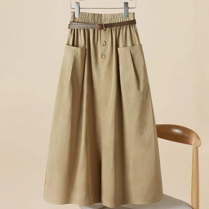 Women's Elastic High Waist A-Line Midi Skirt Loose Fit Casual Cotton Skirt with Pockets
