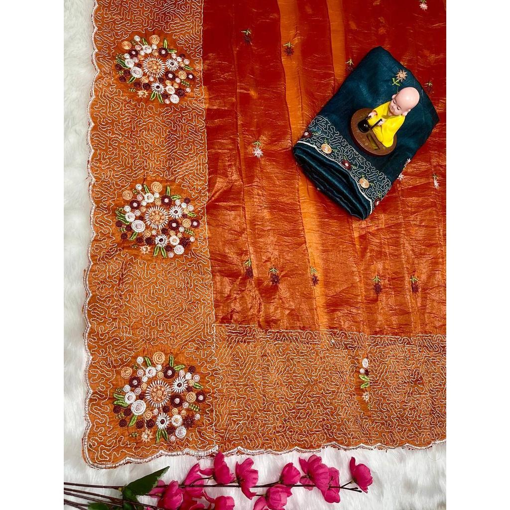 Premium  Paper Crush silk sarees with Multi thread embroidery work with sequence, Blouse (Need To Be Stitched As Per Size And Fit)